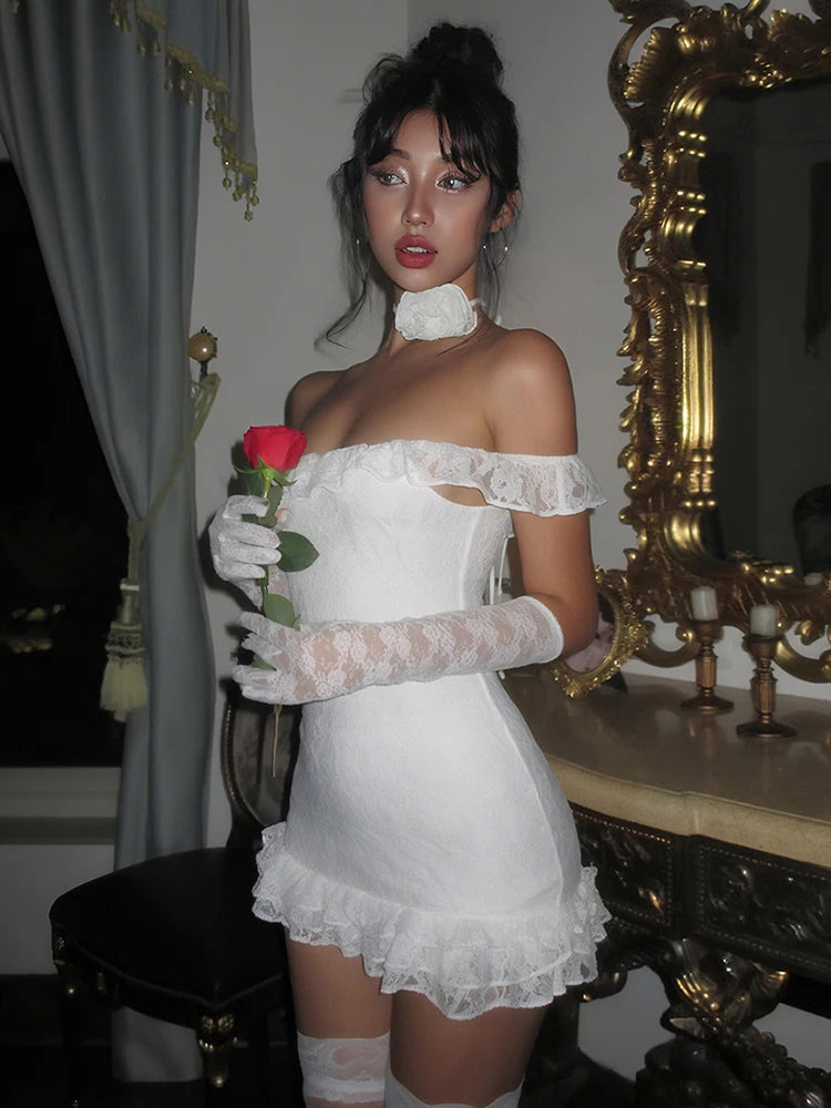 Party Dress Women Jacquard Ruffle Slash Neck Tierred Peach Hip Vestido+Long Gloves Christmas Birthday Sexy Slim Clubwear