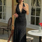 Mesh Polka Dot Sexy Maxi Dress Women Black Halter Deep V Neck Sleeveless Backless Ruched Bodycon Club Party Long Dress