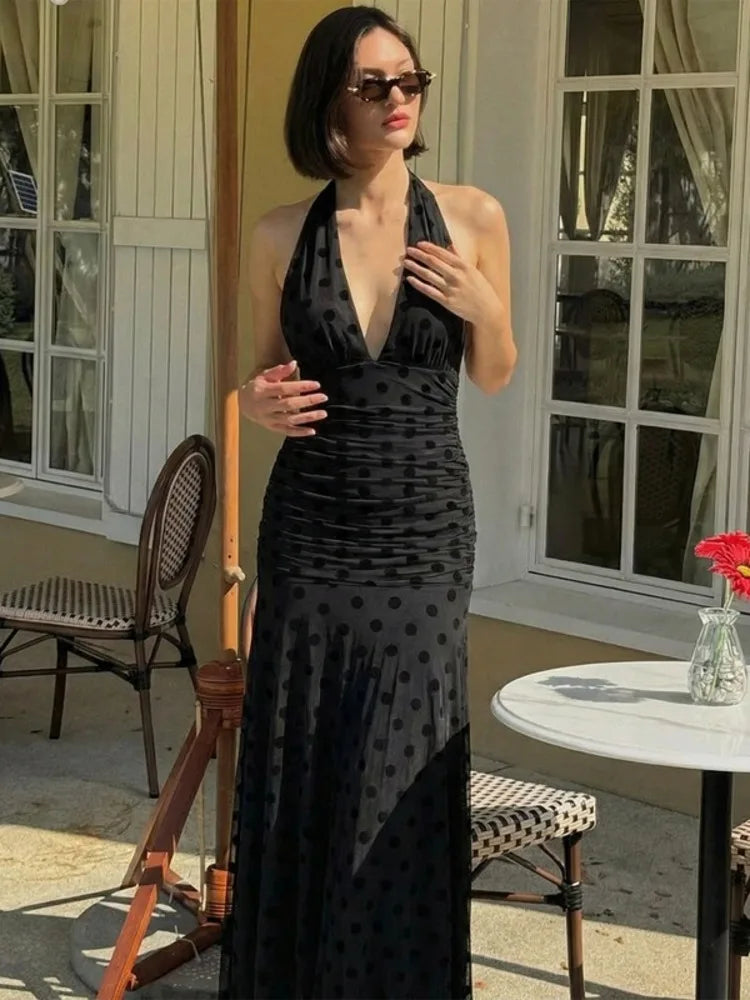 Mesh Polka Dot Sexy Maxi Dress Women Black Halter Deep V Neck Sleeveless Backless Ruched Bodycon Club Party Long Dress
