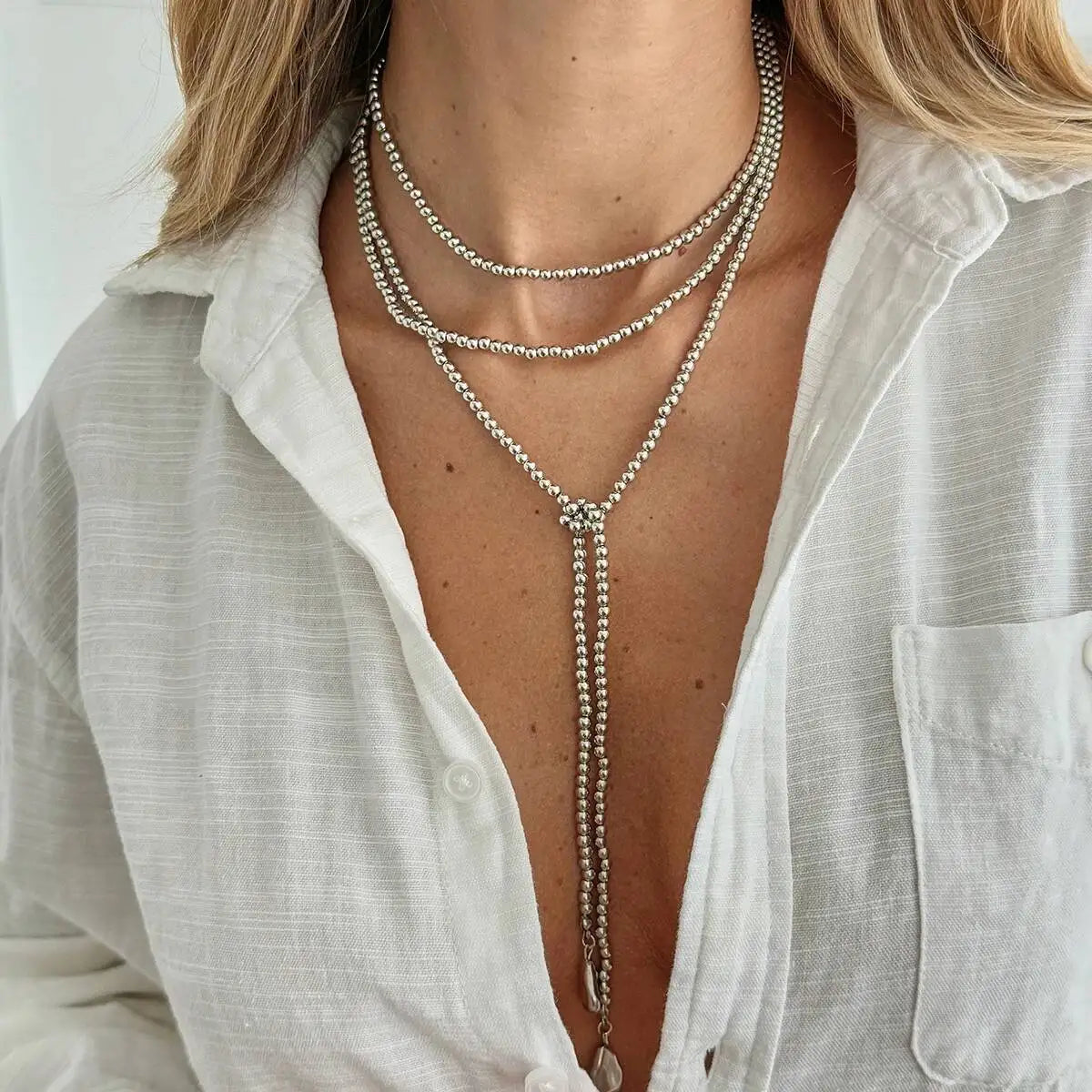 Adjustable Long Chain Necklace for Women, Sexy Stackable CCB Beads, OT Buckle, Love Heart Pendant, Choker Sweater Jewelry