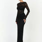 Women Off Shoulder Lace Sexy Maxi Dress Long Sleeve Hollow Out Bodycon Evening Party Dress Elegant Ruched Dress