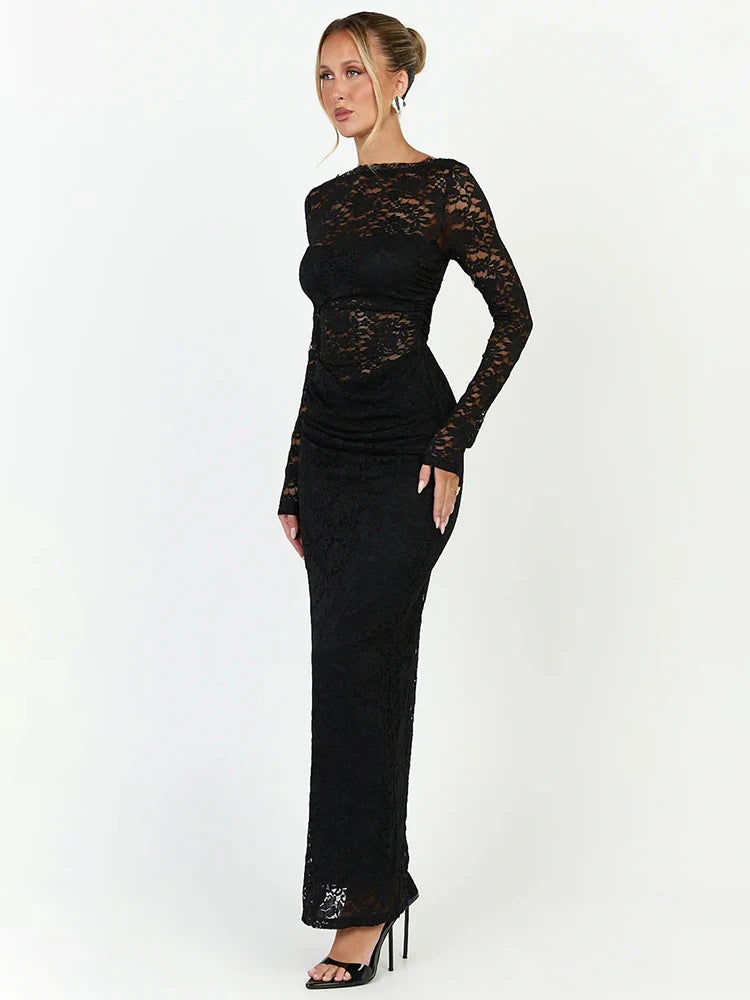 Women Off Shoulder Lace Sexy Maxi Dress Long Sleeve Hollow Out Bodycon Evening Party Dress Elegant Ruched Dress