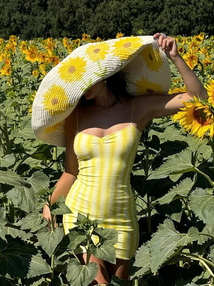 Striped Print Dress Women Spaghetti Strap 2025 Summer Trend Sleeveless Backless Pleated Beach Vacation Mini Bodycon