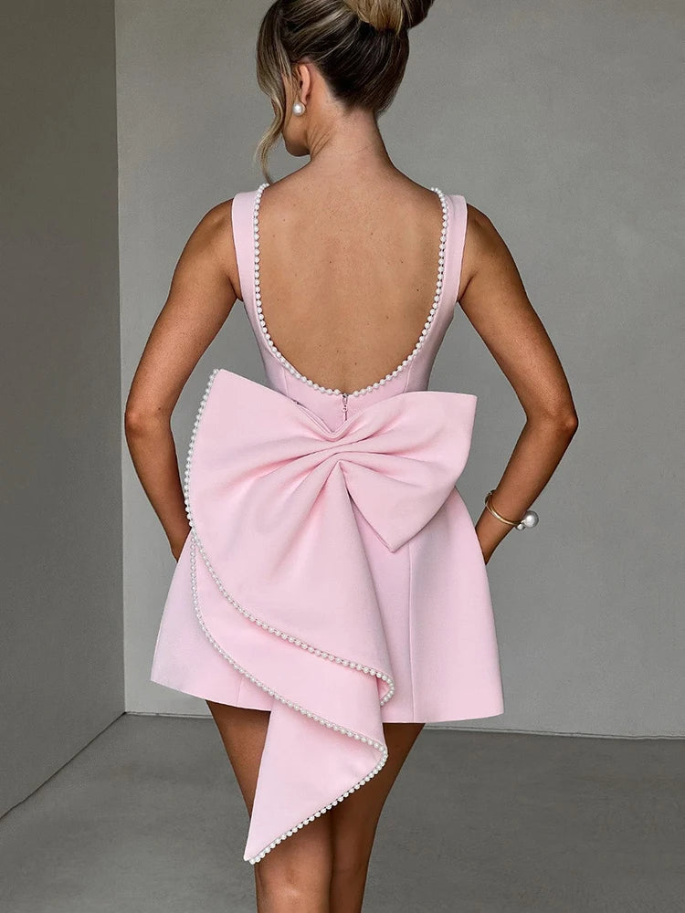 Pearl Bow Backless Sexy Mini Dress For Women Robe Fashion Zipper Sleeveless High Waist A-line Club Party Dress Elegant