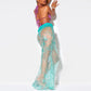 Women Halloween Mermaid Costume Cosplay 2pcs Set Halter Neck Pearled Bra + Fancy Sequins Sheer Mesh Fishtail Long Skirt