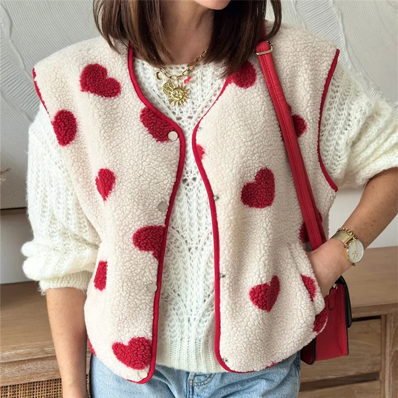 Women Winter Vest Sleeveless Jacket Button Closure Heart Print Warm Furry Vest Outwear for Valentine's Day