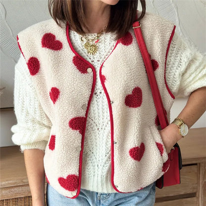 Women Winter Vest Sleeveless Jacket Button Closure Heart Print Warm Furry Vest Outwear for Valentine's Day