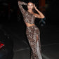 Leopard Printed Sexy 2 Piece Set One Shoulder Crop Top Slit Skirt Party Nightclub Outfits Long Dress Suits