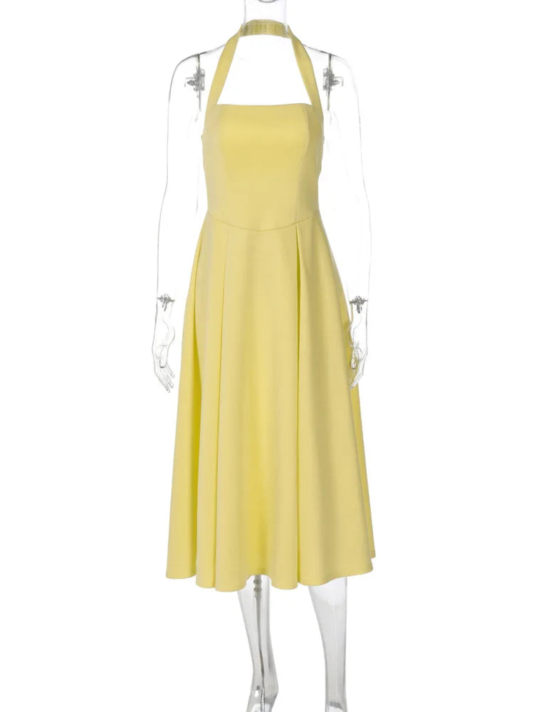 Halter Backless Sexy Midi Dress Women Fashion Solid Sleeveless High Waist A-line Club Party Pleated Long Dresses Female