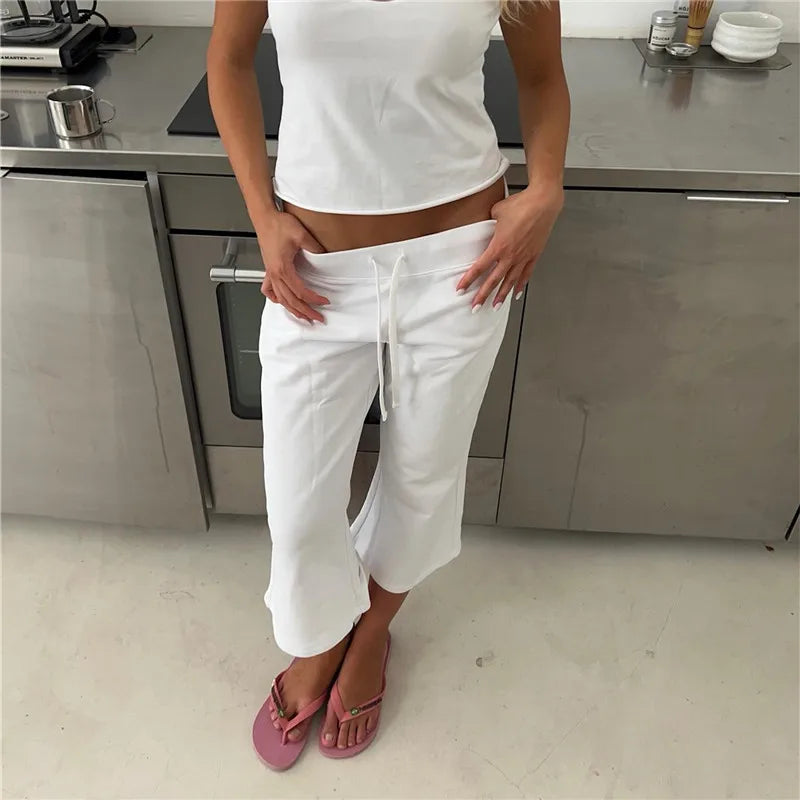 Retro Low Rise Drawstring Micro Flare Sweatpants Women Solid Color Beach Vacation Streetwear Loose Casual Cropped Trousers