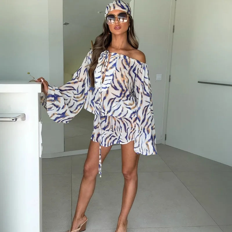 Striped Printed Chiffon Autumn Dresses 2026 Off Shoulder Lantern Sleeve Mini Dress with A Matching Headscarf