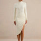 Women Turtleneck Long Sleeve Midi Dress Ruched Side Slit Bodycon Dress Solid Color Elegant Evening Party Midi Dresses