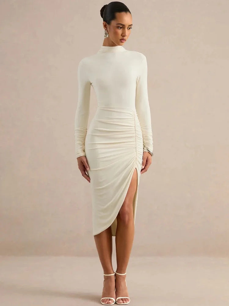 Women Turtleneck Long Sleeve Midi Dress Ruched Side Slit Bodycon Dress Solid Color Elegant Evening Party Midi Dresses