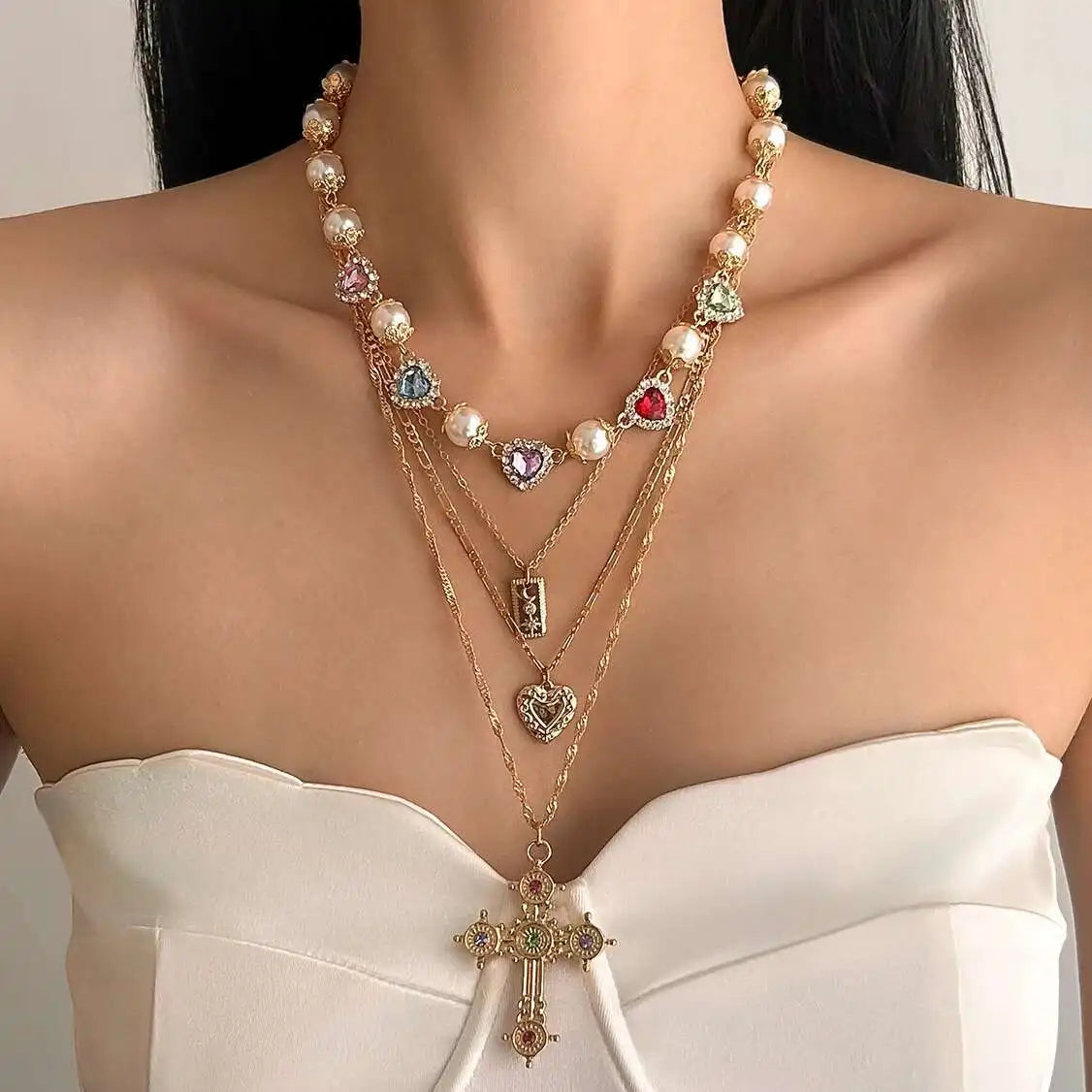 Multilayer Rhinestone Love Heart Imitation Pearl Chain Necklace Women Creative Jesus Cross Pendant Choker Y2K Jewelry