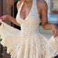 Jacquard Dress Women Halter v-Neck Backless Lace Skinny Folds Sleeveless Elegant Fashion Prom Party Chic Mini Bodycon