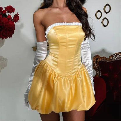 Women Mini Bandeau Dress Off Shoulder Strapless Ruffle Trim Back Bandage Ball Party Night Gown Sexy Ladies Clubwear