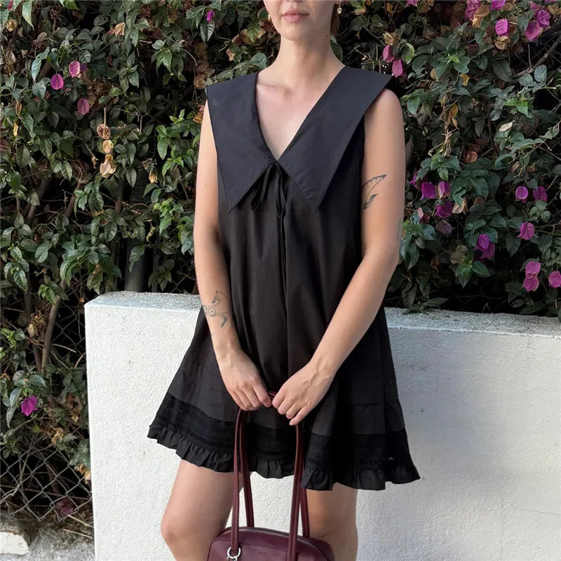 Preppy Cute Women Sleeveless Doll Dress Big Sailor Lapel Tie Bow Decor Eyelet Lace Ruffle Hem Street Summer Short Dress