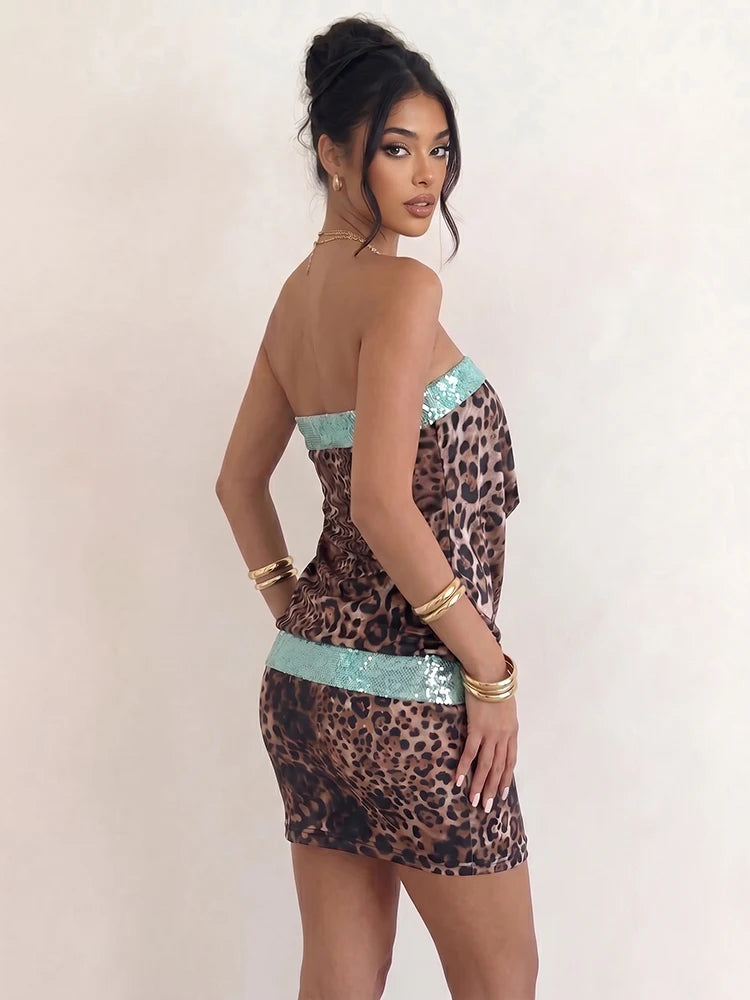 Sequins Patchwork Mini Dress Woman Leopard Print Wrap Chest Backless Skinny Peach Hip Street Wild Fashion Bodycon