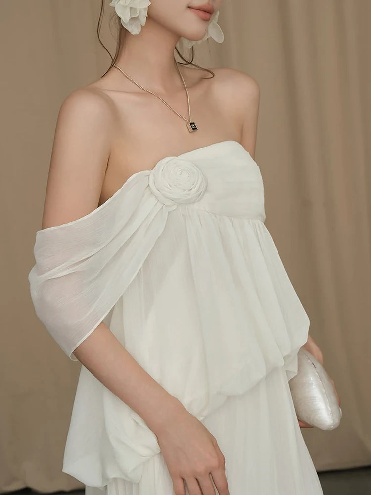3d Flower Decoration Maxi Dress Women Mesh Tassel Chest Wrap Folds Solid Elegant Wedding Party Vacation Vestidos