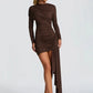 Long Sleeve Draped Ruched Sexy Mini Dress Women Gown Elegant O Neck High Waist Bodycon Club Party Dresses Female