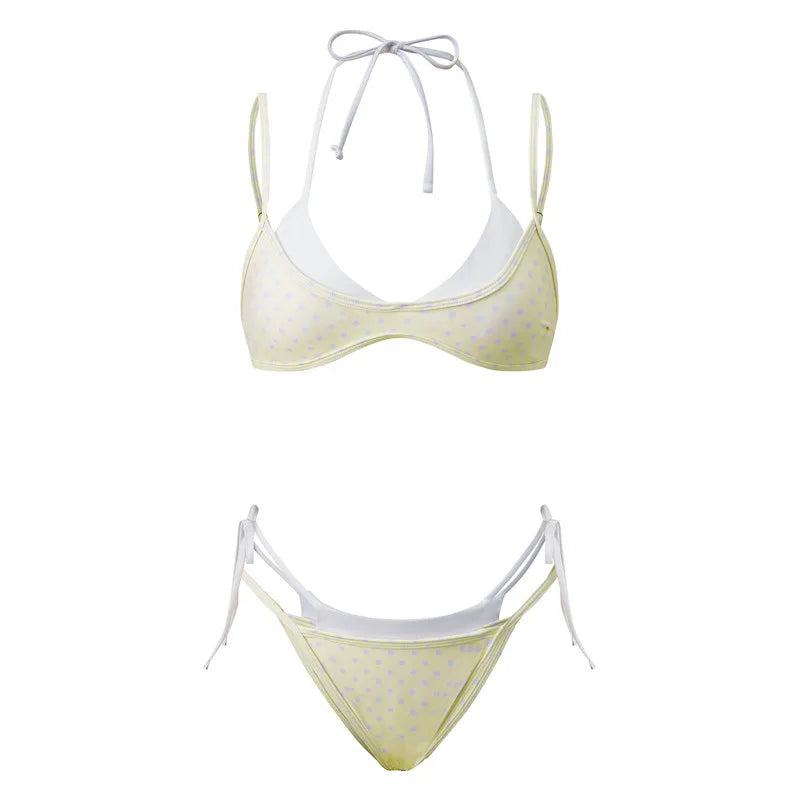 Women's Double Layered Bikini Set Dot Print Halter Bra with Side Tie-up Low Waist Shorts 2 Pcs Swimsuit Beachwear