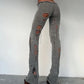 Low Rise Flare Pants Streetwear Trendy Hollow Hole Knitted Slim Trousers Women See Through Clothes