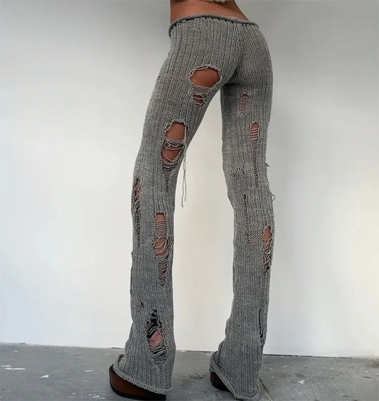 Low Rise Flare Pants Streetwear Trendy Hollow Hole Knitted Slim Trousers Women See Through Clothes