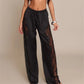 Women's Satin Wide Leg Trousers Lace Patchwork High Waisted Drawstring Lounge Pants Elegant Loose Fit Bottoms