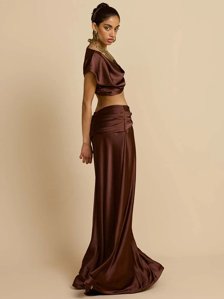 Women's Sexy Club Party Two-Piece Set Elegant Sleeveless Crop Top Maxi Skirt Matching Sets Female Ruched Two Piece Set