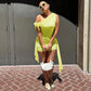 2pc Sets for Women Clothing Yellow Mesh Ruched One Shoulder Crop Top Mini Skirt Set Sexy Summer Outfits 2024