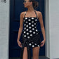 Women Polka Dot Halter Dress Summer Vintage Sleeveless Backless Mini Dress Sexy Tie Waist Bodycon Wrap Dress Party Club