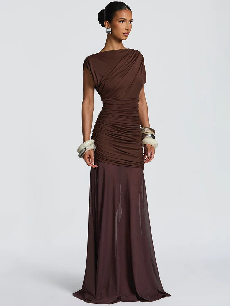 Sleeveless Ruched Sexy Maxi Dress Women Gown Elegant Patchwork Mesh O Neck High Waist Skinny Club Party Long Dresses