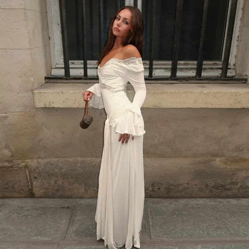 Lace Trim V Neck Flare Sleeve Long Dresses Fall Elegant Clothes for Woman Party Dress French Style