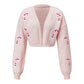 Women Christmas Candy Cane Bow Patch Cropped Knit Cardigan V Neck Long Sleeve Short Sweater Holiday Casual Outerwear