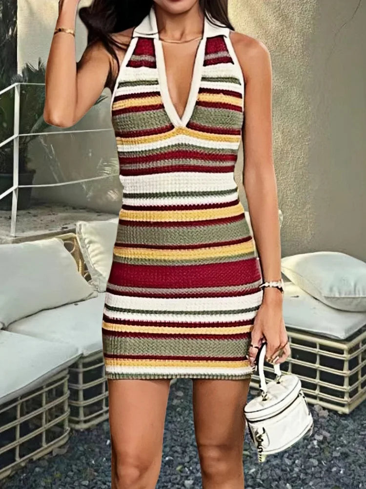 Colorful Stripe Mini Dress Women Halter Low-Neck Sexy Backless Skinny High Elastic Vacation Fashion Trend Streetwear