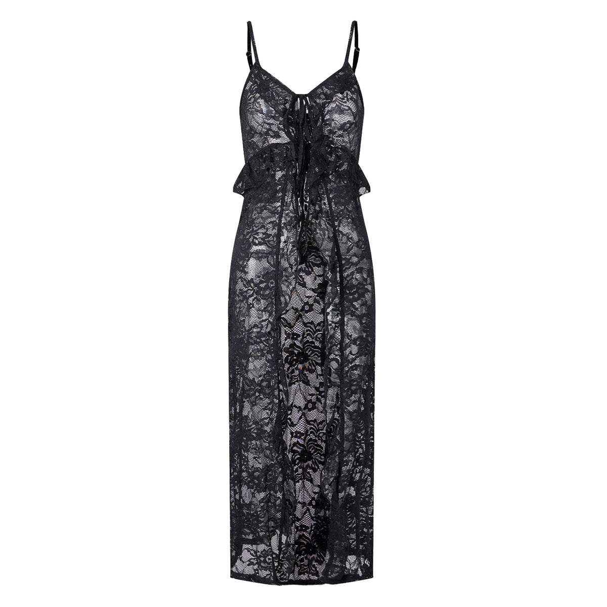 Women Spaghetti Strap Lace Maxi Cover Up Cami Dress Front Tie Ruffle Trim Sheer Long Kimono Summer Beach Vacation Outfit