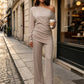 Leisure Elegant 2 Piece Set Women Trend Simple Skew Collar Full Sleeve T-Shirt+Patchwork Ruched Wide-Leg Pant Street Suit