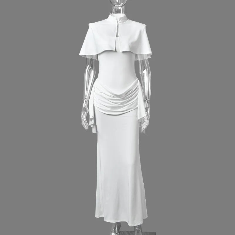 White Cape and Maxi Dress Set Elegant for Woman Wedding Guest Outfits Evening Gown