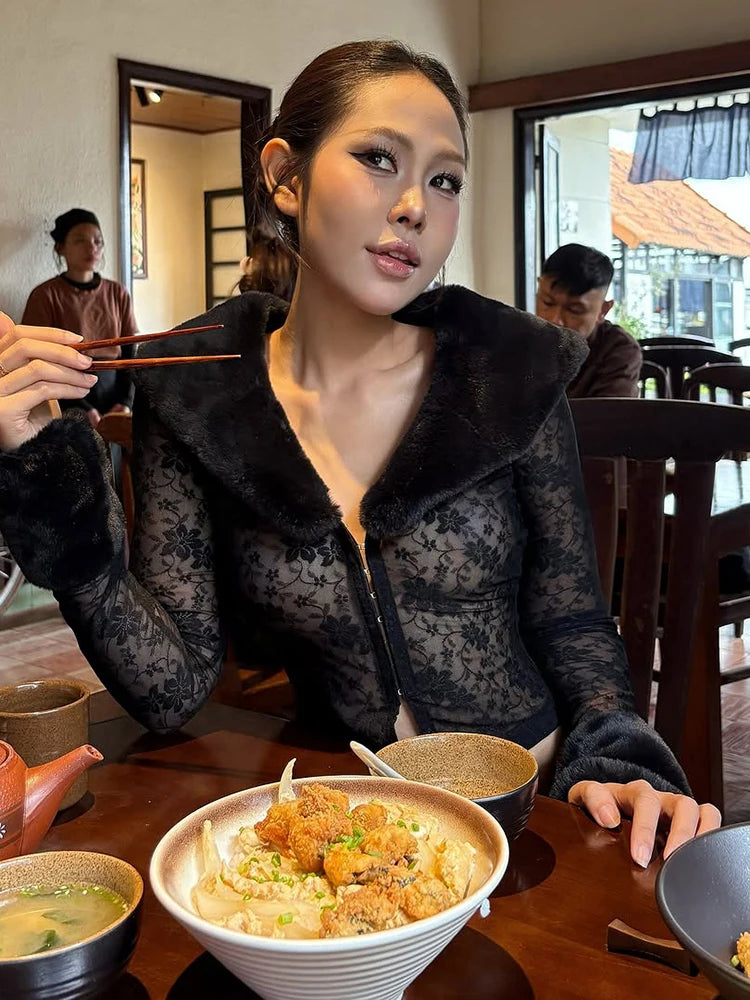 Faux Fur Collar Crop Tops Women Single-Breasted Patchwork Jacquard Full Sleeve Sexy Autumn Trend Midnight Street Tees