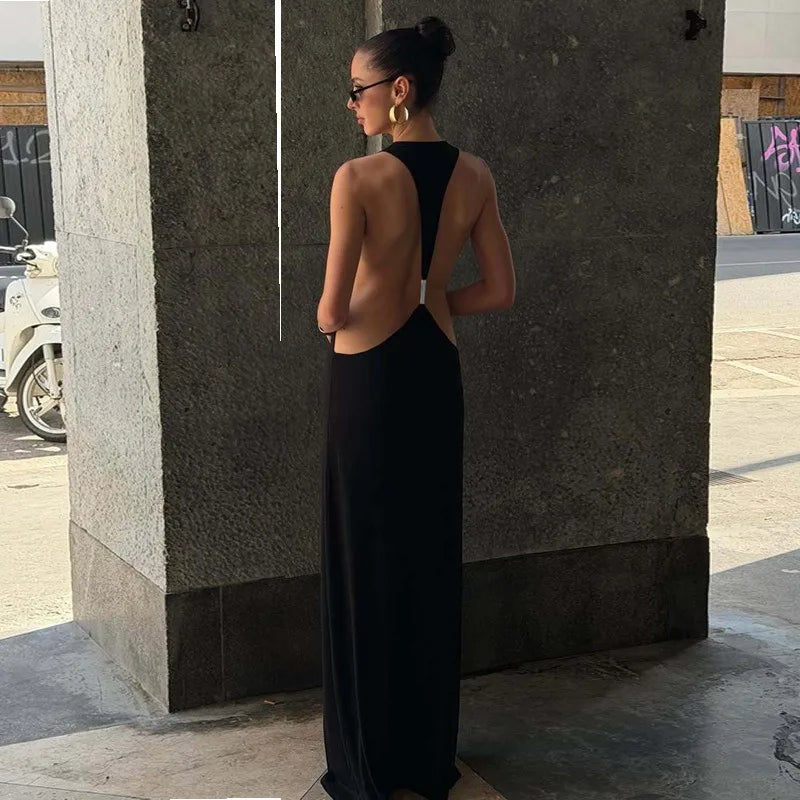 Racerback Maxi Dress Open Back Hardware Detail Black Cocktail Dresses Sexy Party Outfit for Woman 2026