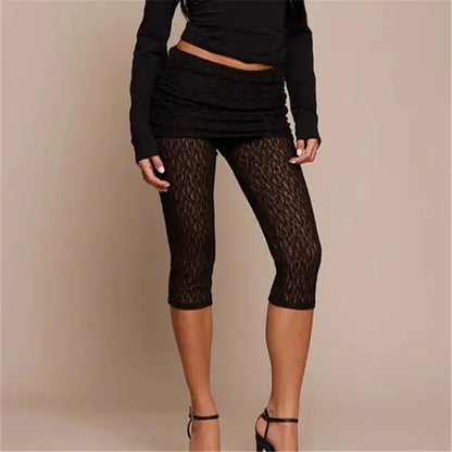 Women Lace Cropped Leggings with Skirt Overlay See Through Mesh Capri Pants High Waist Ruched Summer Casual Streetwear