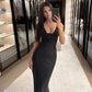 Polka Dot Print Black Elegant Dress 3d Flower-applique Deep V Neck Backless Long Split Dresses for Summer