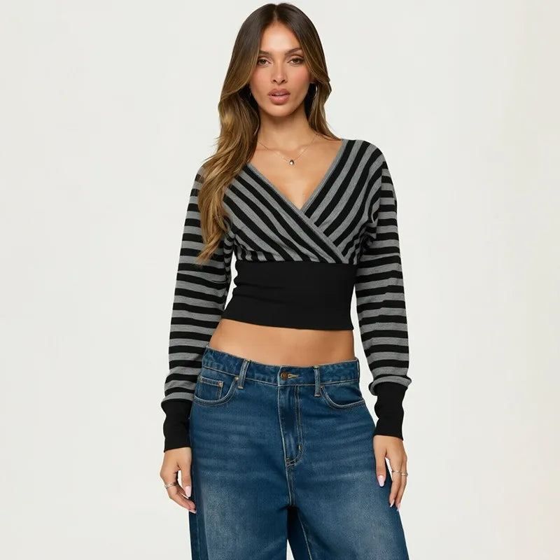 Striped Wrap V Neck Long Sleeve Crop Top Fashion 2026 Fall Clothes Casual T Shirt for Woman