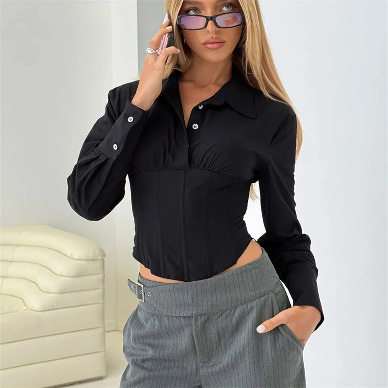 Striped Long Sleeve Corset Shirt Womens Button Up Fall Stylish Layering Tie Back Crop Shirts Blouse Fashion Streetwear