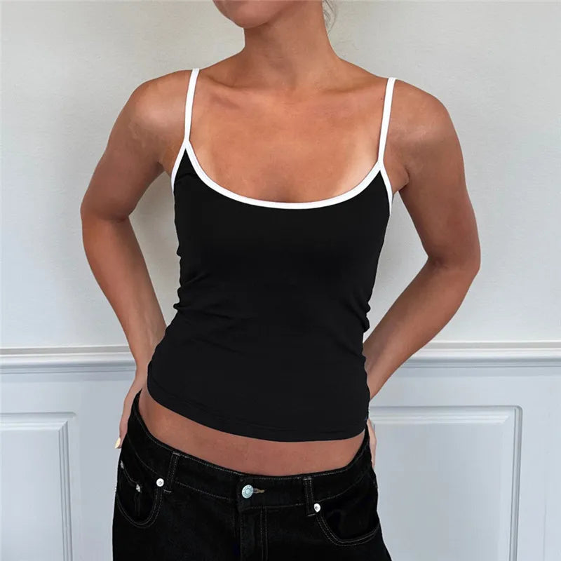 Y2K Color Block Trim Cami Top White Piping Spaghetti Strap Slim Fit Tank Solid Color Casual Streetwear Going Out Tops