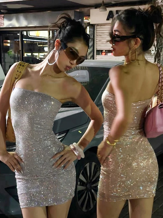 Fashion Sexy Sequin Dress Women Summer Backless Sleeveless Stretch Skinny Hottie Style Midnight Party Club Bodycon