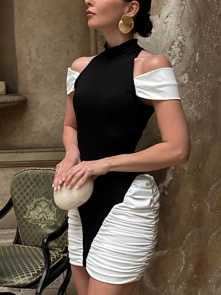 Contrast Patchwork Dress Women Shoulder Off Sexy O-Neck Pleated Y2K Summer Elegant Birthday Club Party Simple Bodycon