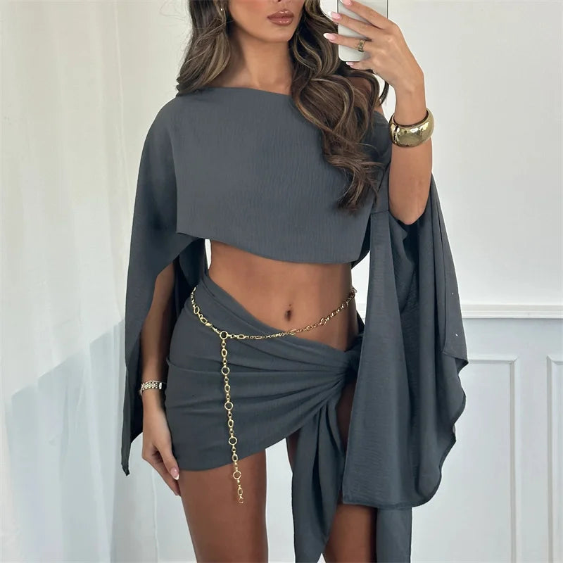 Y2K Two Piece Beach Outfit Off Shoulder Flare Sleeve Crop Top and Wrap Tie Skirt Summer Vacation Cover Up Party Clubwear