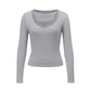 Women Striped Contrast Binding V Neck Long Sleeve Crop Top Ribbed Slim Fitted T Shirt Y2K Sexy Fall Casual Streetwear