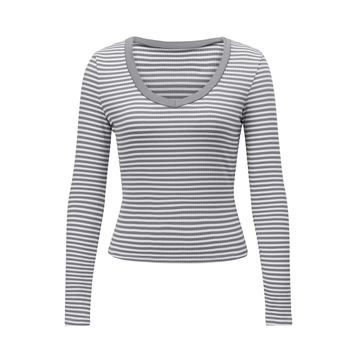 Women Striped Contrast Binding V Neck Long Sleeve Crop Top Ribbed Slim Fitted T Shirt Y2K Sexy Fall Casual Streetwear